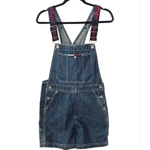 Tommy Hilfiger Denim Short Overalls Womens XS Vintage 90s Logo Strap Bib Shorts